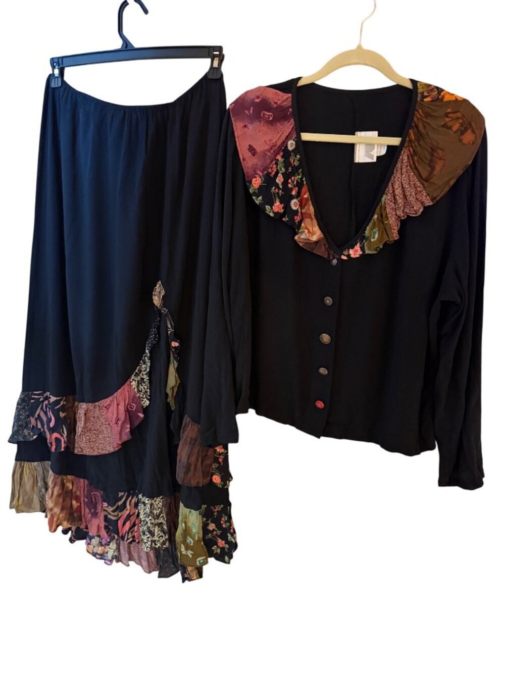 Zoe California Womens Skirt Set Size XL Black Rayon Crepe Pullover Vintage Boho